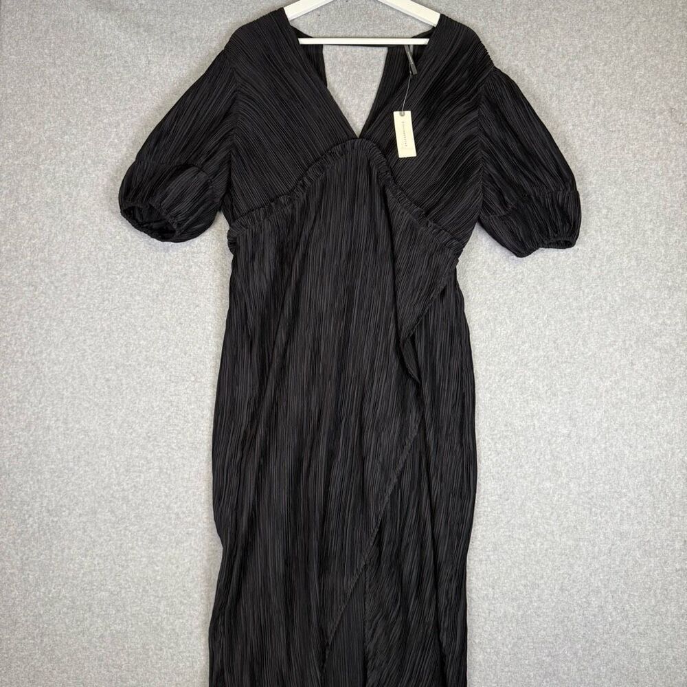 Brand New Anthropologie Women's Medium Black Short Sleeve Midi Dress Puff Sleeve